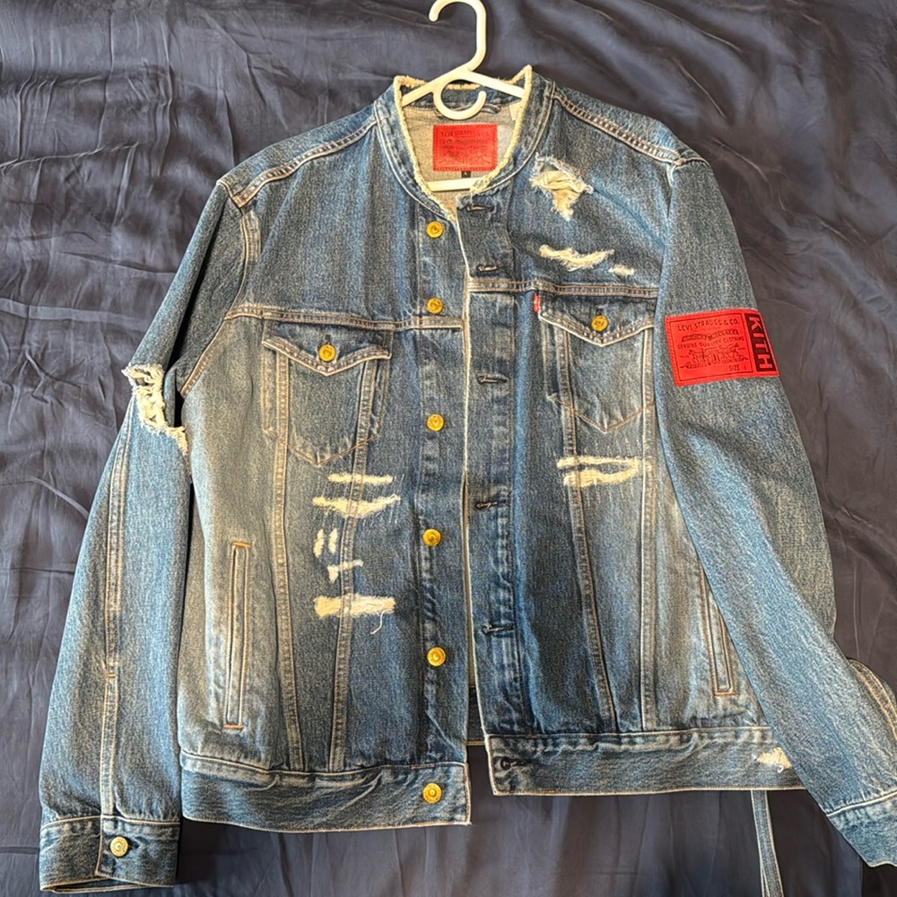 Kith Distressed Denim Jacket with Red Patch